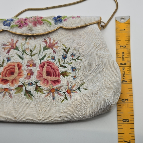 Vintage Ivory Beaded Handbag Embroidered Rose Floral Envelope Clutch French - Picture 15 of 16